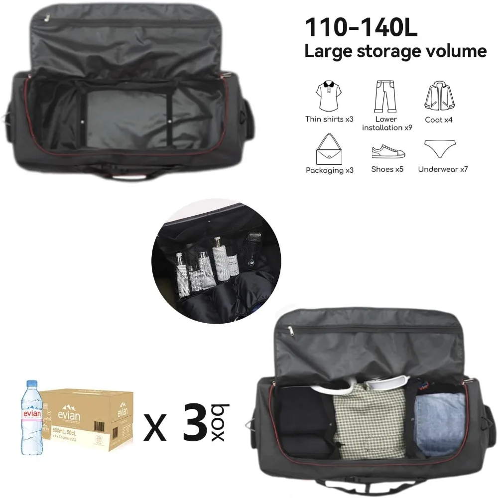 حقيبة سفر ناعمة قابلة للتوسيع 110 لتر-140 لتر مع عجلتين، قماش أكسفورد 32 × 1680D، أسود-أحمر #2