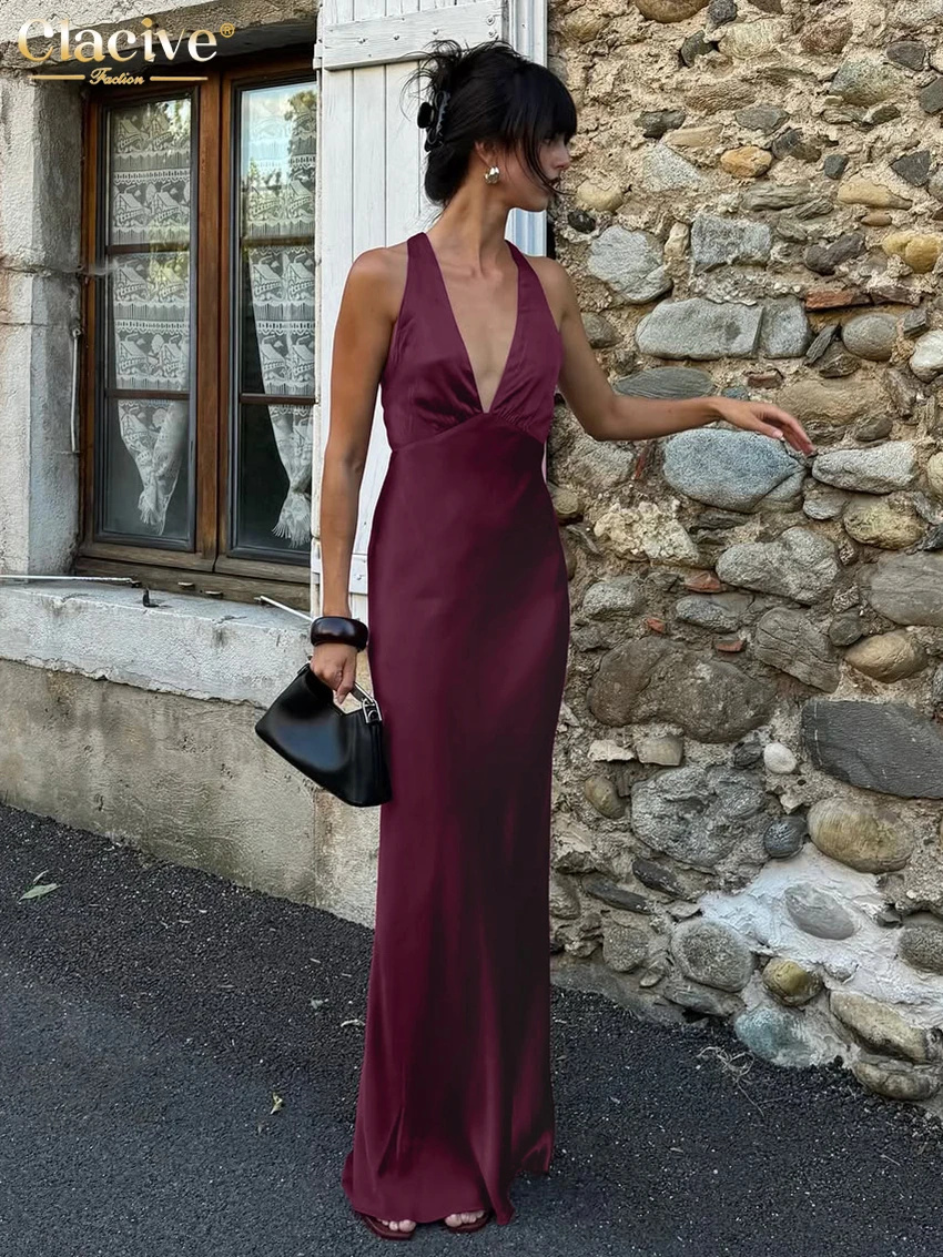 

Clacive Sexy Slim Wine Red Satin Women's Dress 2026 Summer Halter Sleeveless Maxi Dresses Elegant Classic Solid Female Dress