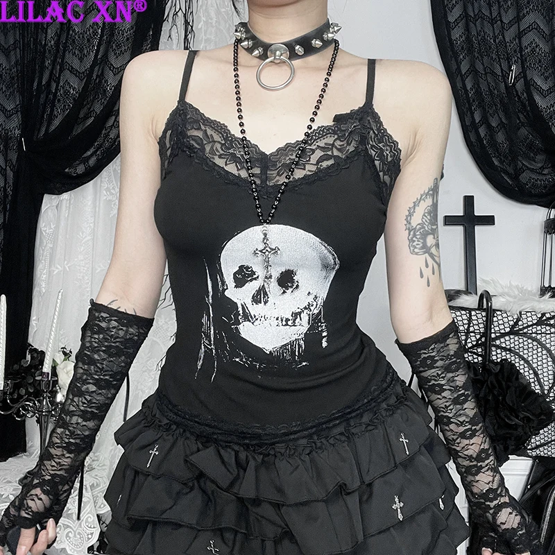 

Goth Black Lace Trim Skull Print Straps Camis Top Y2K Sexy Aesthetic Backless Vest Tank Top Fashion Women Summer Corset Tops