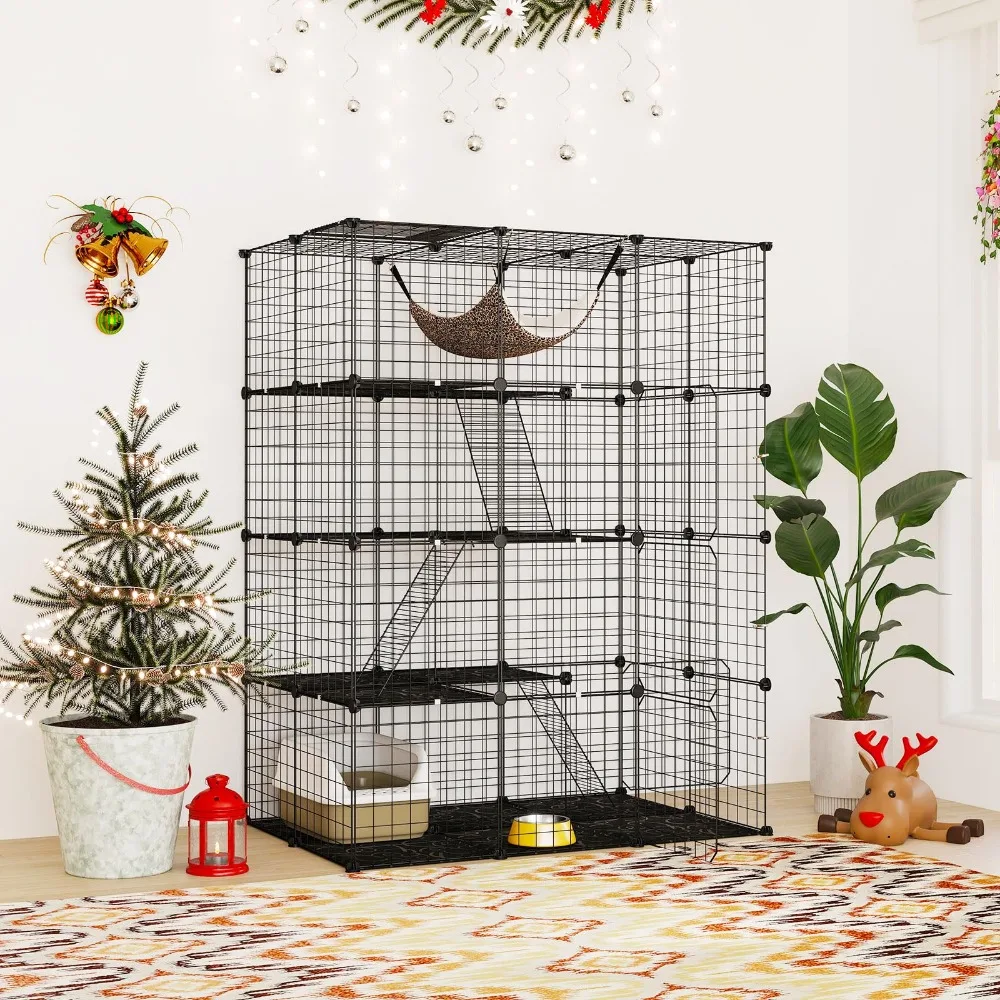 4-Tier Cat Cages Indoor, Metal Wire Cat Enclosure with Extra Large Hammock, 3 Ladders, and 4 Lockable Doors, Detachable