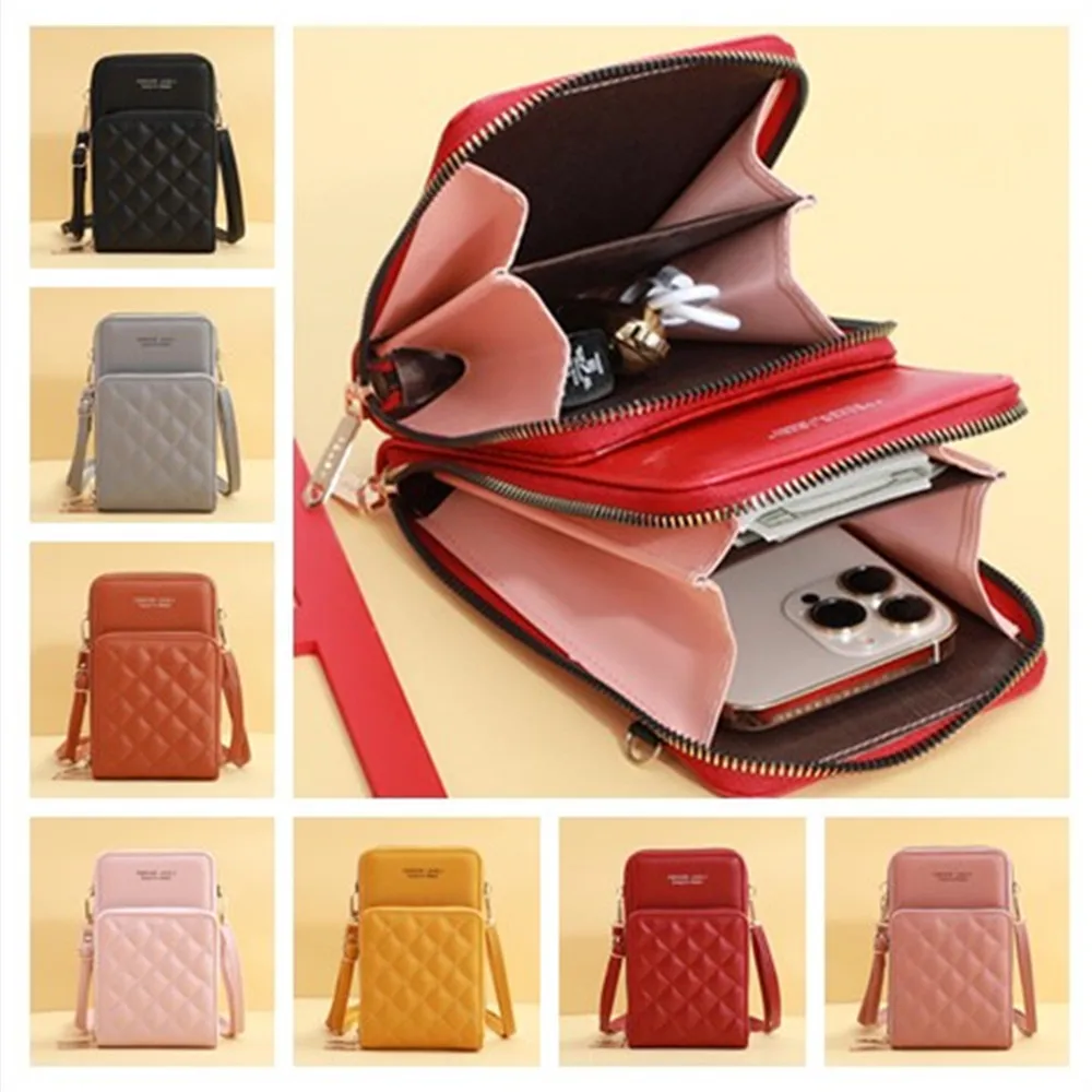 Hot Fashion Diamond Grid Mobile Phone Purse Bags Women Soft Leather Women Bag Wallet Large Capacity Female Crossbody Shoulder