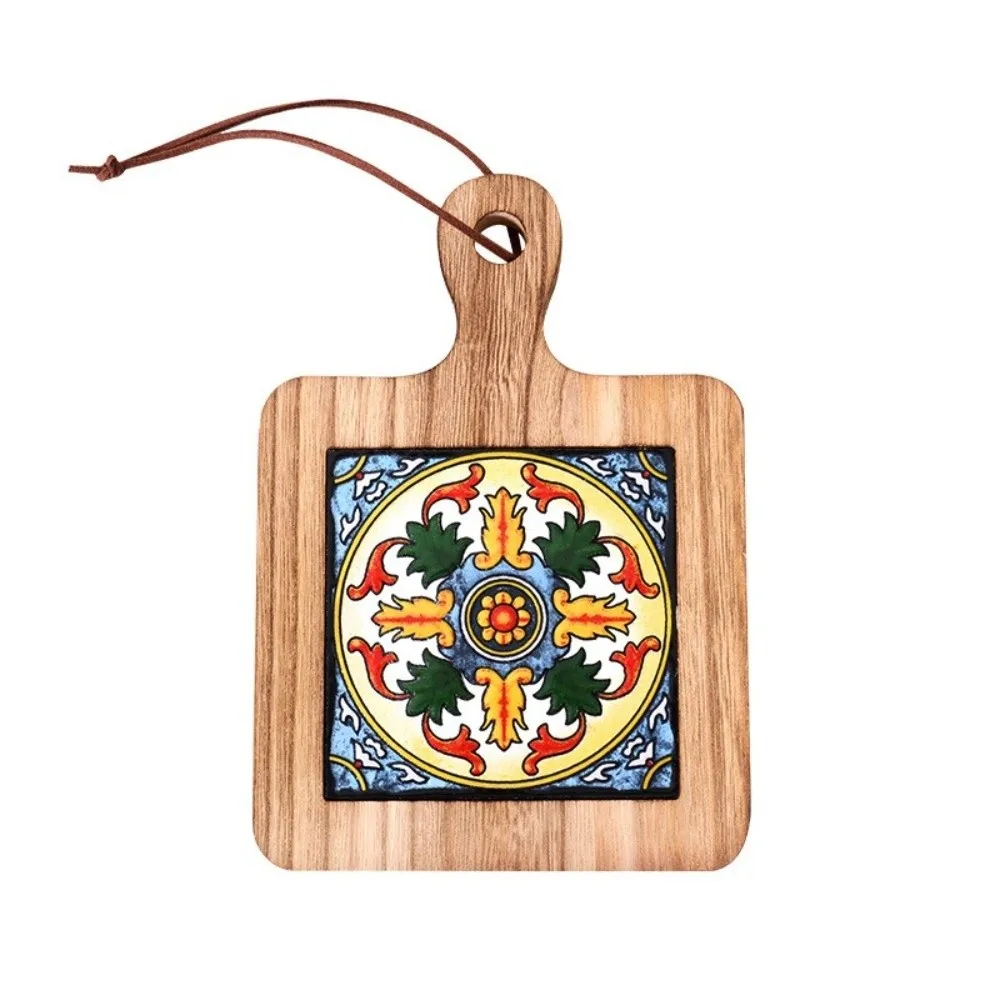 Japanese Style Heat Resistant Solid Wood Coaster Retro Square Wood Ceramic Tile Floral Protective Casserole Mat Tea Time
