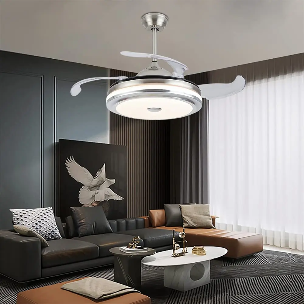 Modern Ceiling Fan with Light with Remote Control Dimmable LED Chandelier Ceiling Fan Invisible for Living Room Chrome Silver