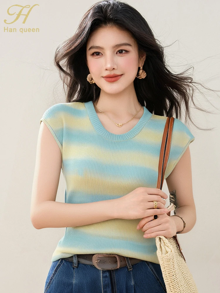 

H Han Queen Korean Reviews Many Clothes Fashion Stripe Casual Short Sleeve Pullover Top Basic Vintage Sweater Chic Blouse Summer