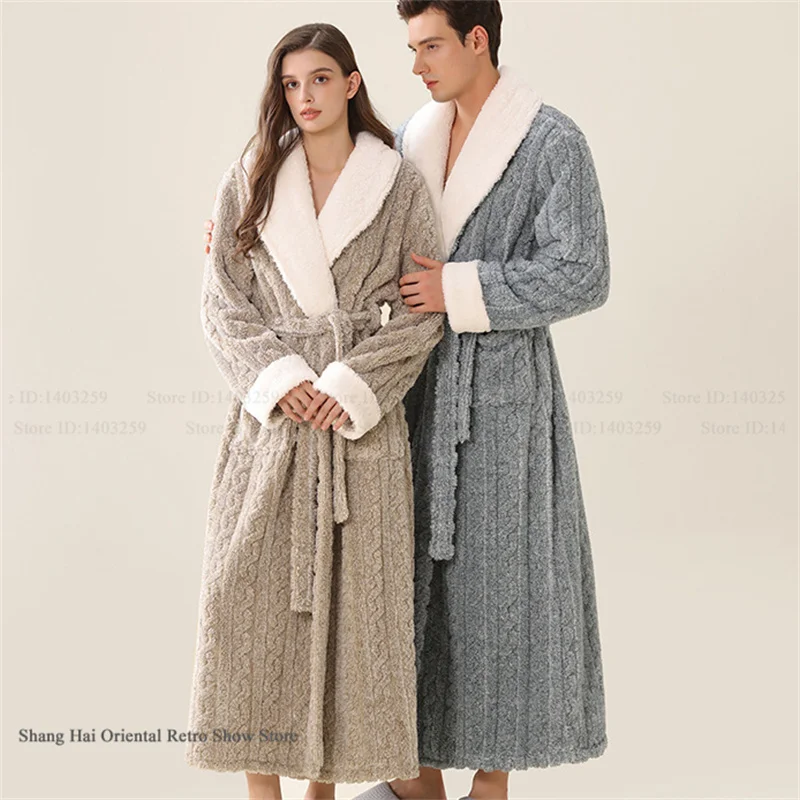 

Winter New Couple Long Robe Kimono Gown Bathrobe Thicken Coral Fleece Sleepwear Lounge Wear Casual Jacquard Flannel Home Clothes