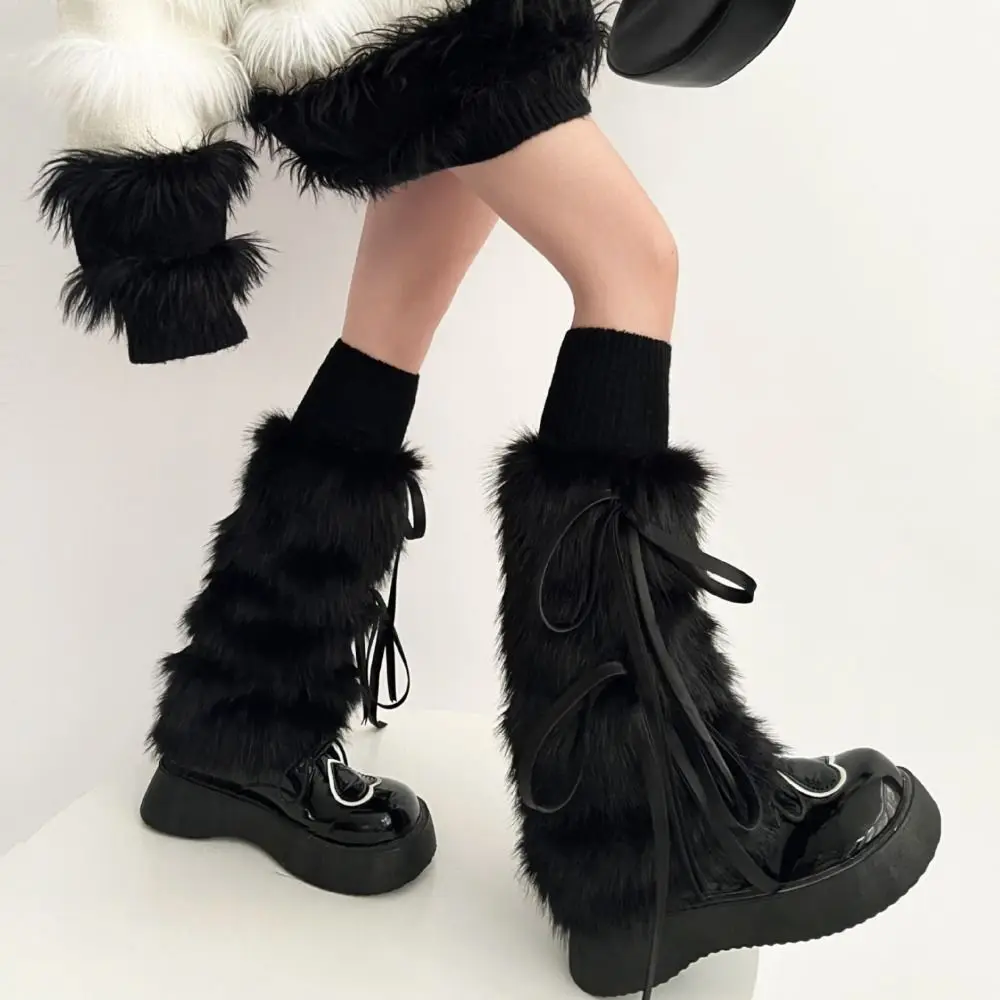 Bow Tie Faux Rabbit Fur Leg Warmers Winter Warm Harajuku Plush Leggings Boots Cover Lolita Spicy Girl Piled Calf Socks