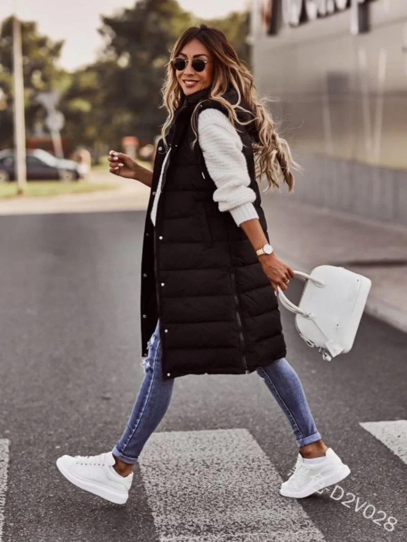 Sleeveless Winter Jacket Women Midi Coats Down Vest Keep Warm Elegant Black Hooded Street Hipster Lady Cotton Overcoat