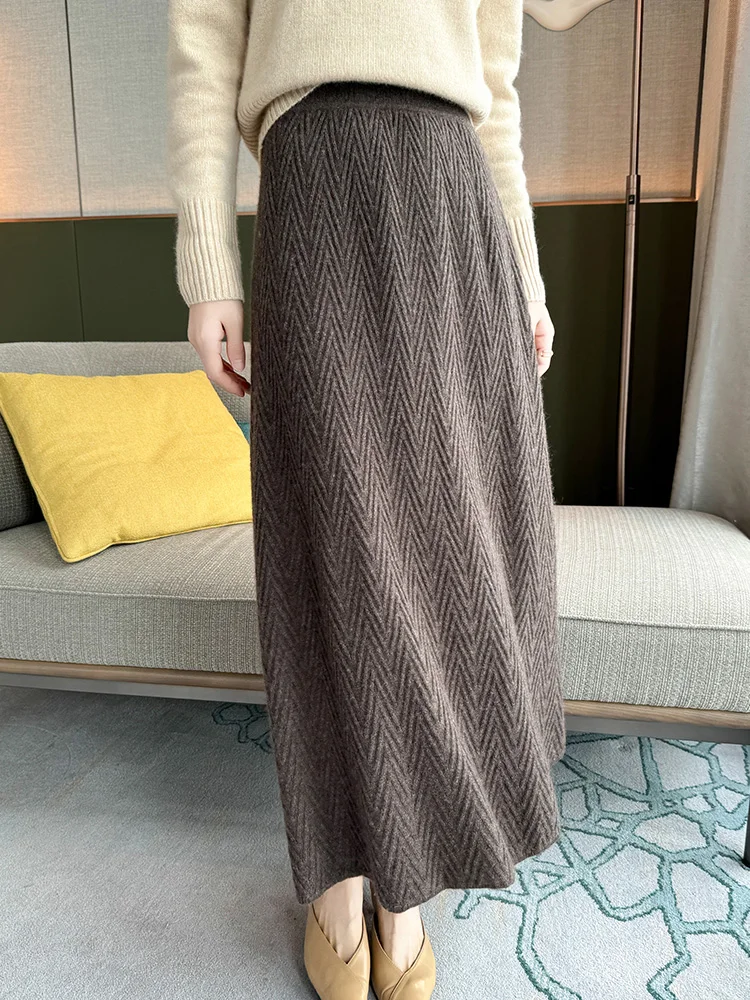 

100% Cashmere Skirt Women's Mid-calf Dress Herring Bone High Waist High-end Versatile Knitted Skirt Autumn Winter Office Lady