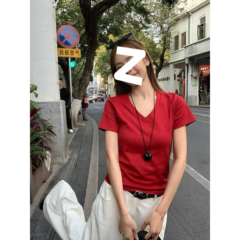 

Right Shoulder V-Neck Sleeve T-Shirt For Women, Summer Korean Style, Pure Cotton, Slightly Loose, High-End Short Top