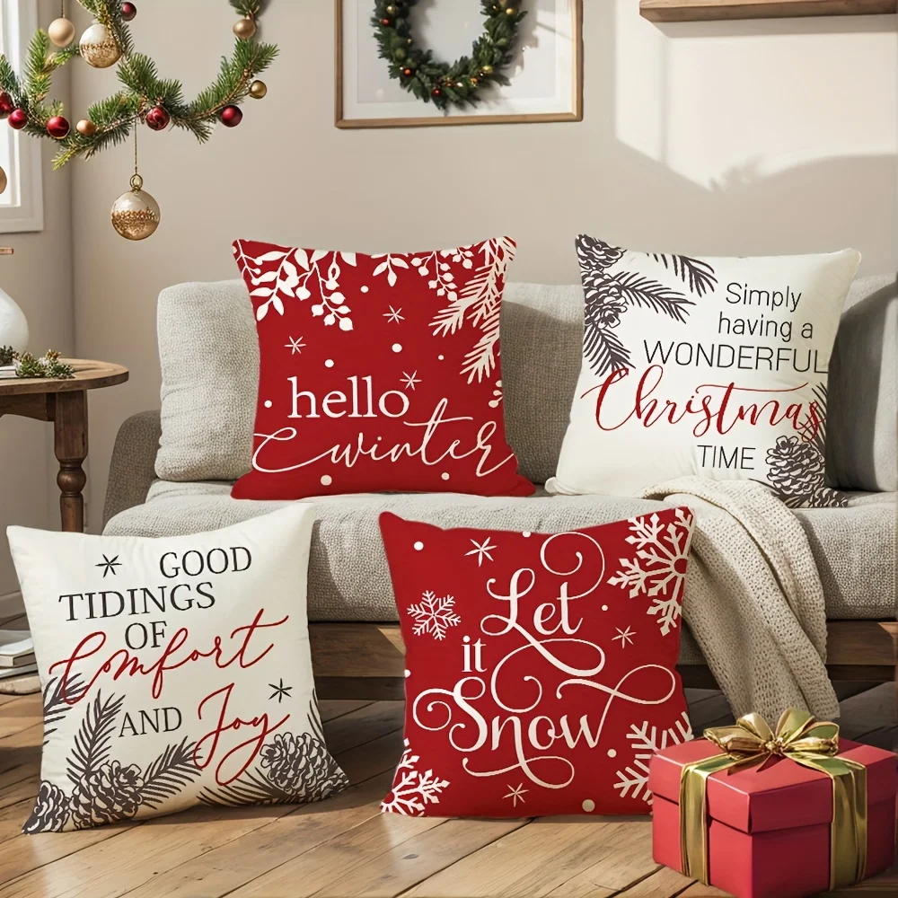 Festive 4pcs Christmas Throw Pillow Covers Set - 'Hello Winter' & 'Let It Snow' Designs, 18x18 Inches, Farmhouse Style Red Holid