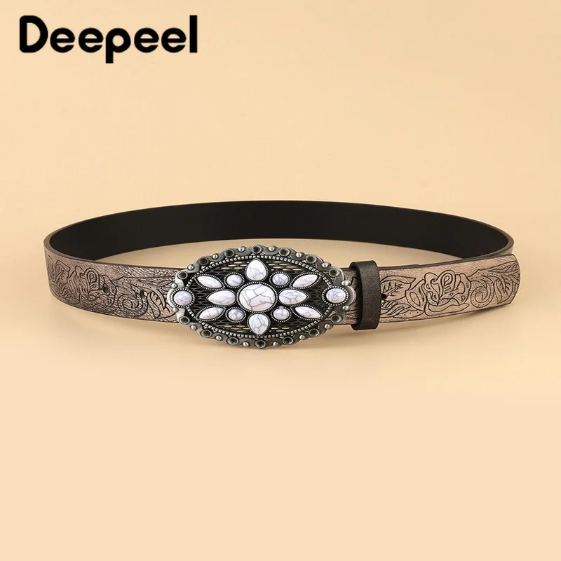 1Pc Women's Retro Stone Buckles Embossed Belts Ethnic Style Decorative Waistband Female Fashion Corset Wide Luxury Design Belt