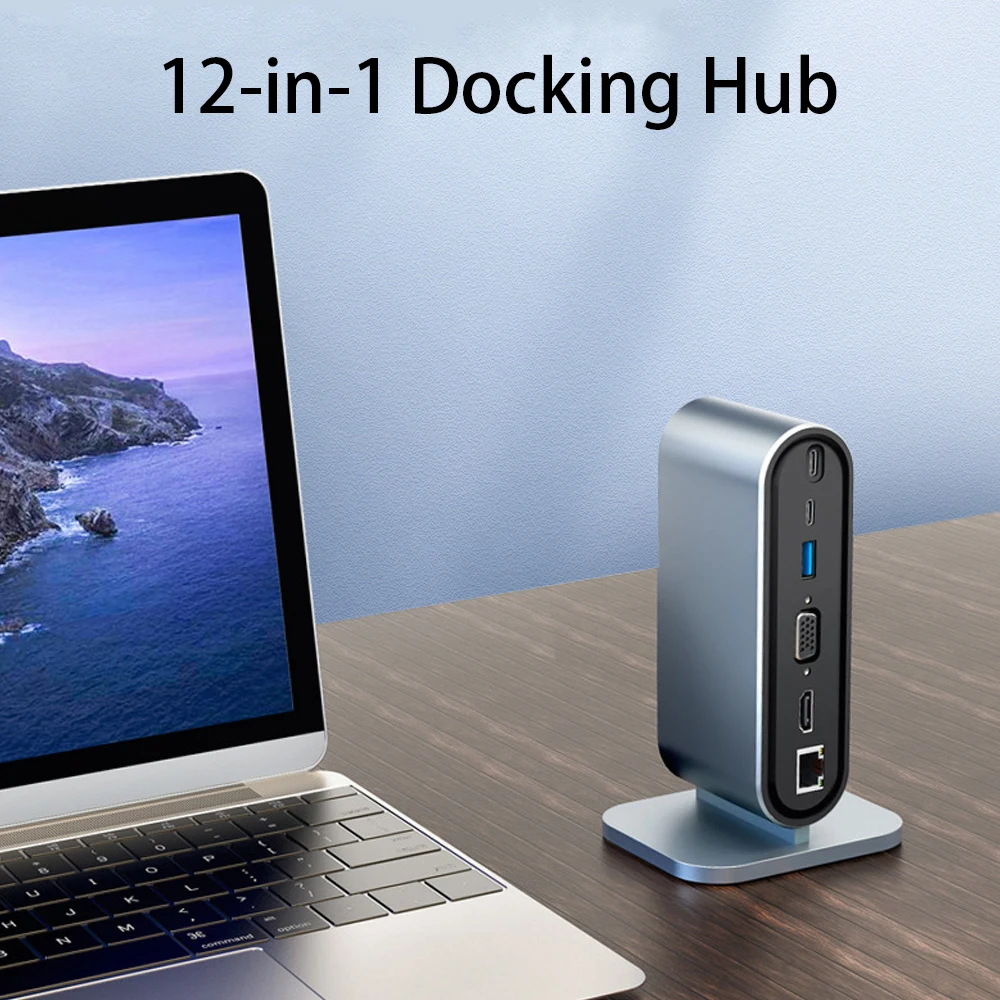 12-In-1 Vertical USB C Docking Station 4K30Hz HDMI-compatible VGA Hub Gigabit RJ45 USB3.0 SD TF 100W PD Charging Adapter