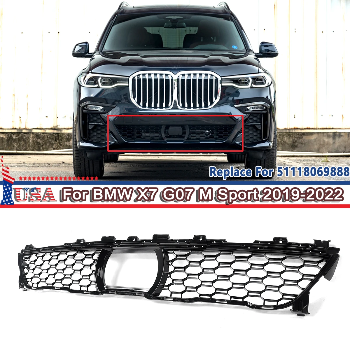 For BMW X7 G07 Centre Lower Grill M Sport Front Bumper Kidney Grille Honeycomb 2019 2020 2021 2022 Black M50i XDrive40i