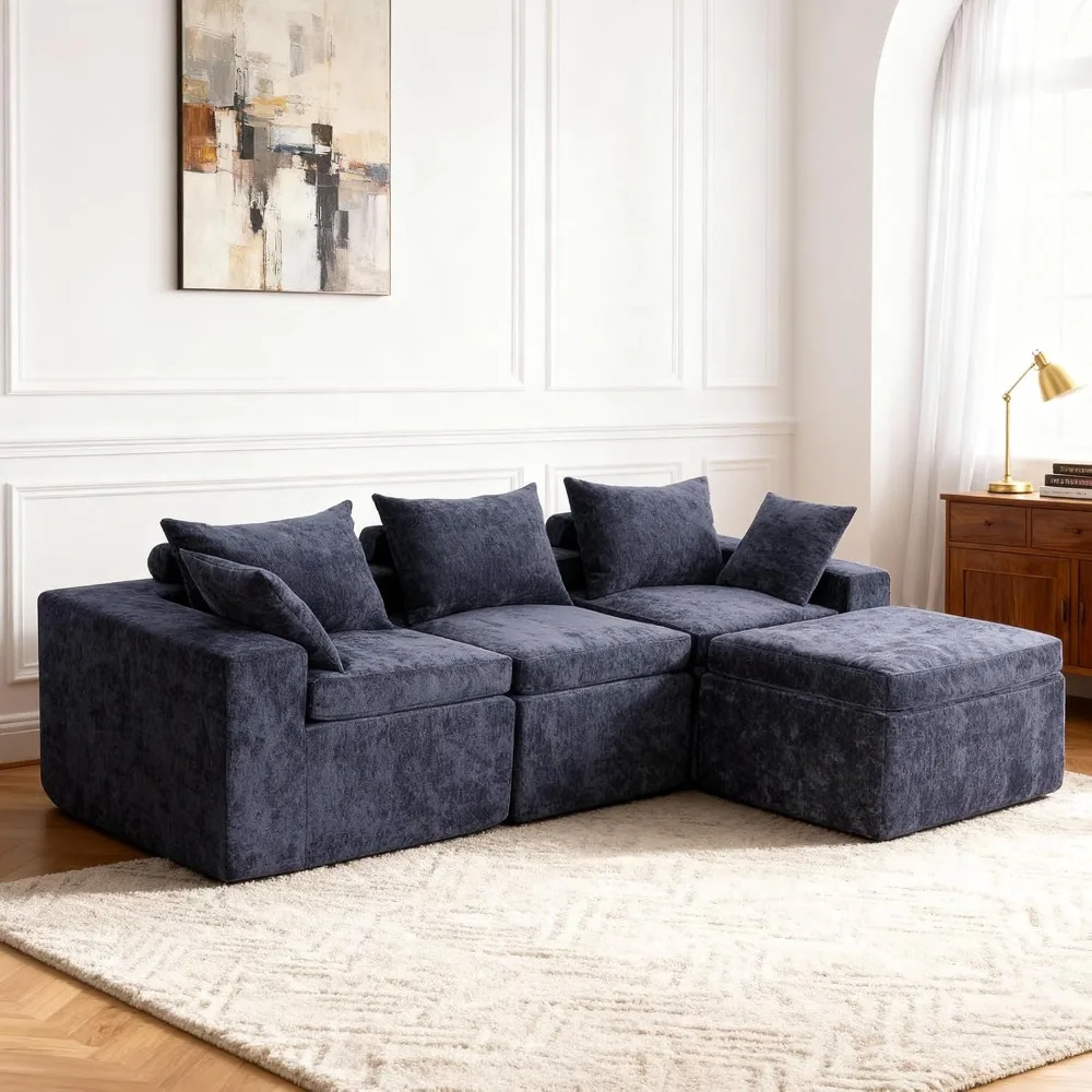 

108” Cloud Couch Sectional, Modular Sectional Sofa with Deep Seat, L Shaped 3 Seat Sectional Sofa with Ottoman, Upholstered