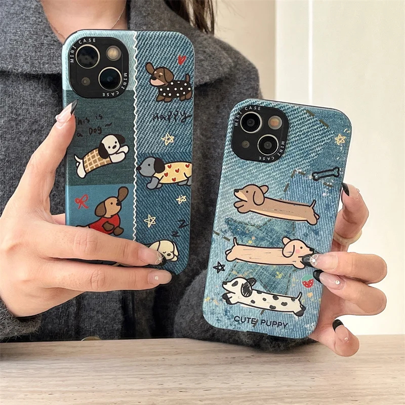 

Cute Denim Graffiti Dachshund Phone Case For iPhone 16 Pro 13 14 15 Pro Max Cover Silicone Shockproof Case For Apple 14Pro Funda