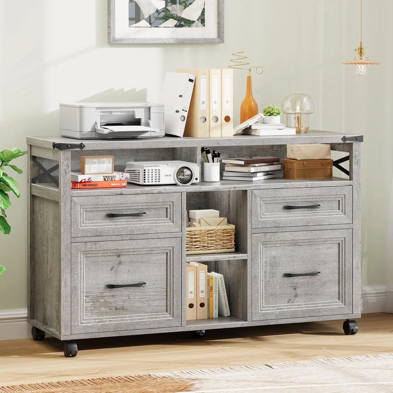 

Шкаф для документов в стиле фермерского дома с регулируемой полкой и колесиками, боковой картотечный шкаф, офисный шкаф для хранения с 4 секциями, на заказ