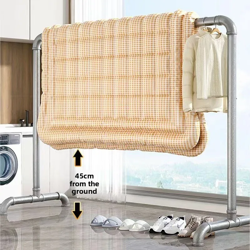 Galvanized Steel Pipe Clothes Rack Single Rod Floor Standing Outdoor Balcony Heavy Duty Coat Rack Stand Garment Rack