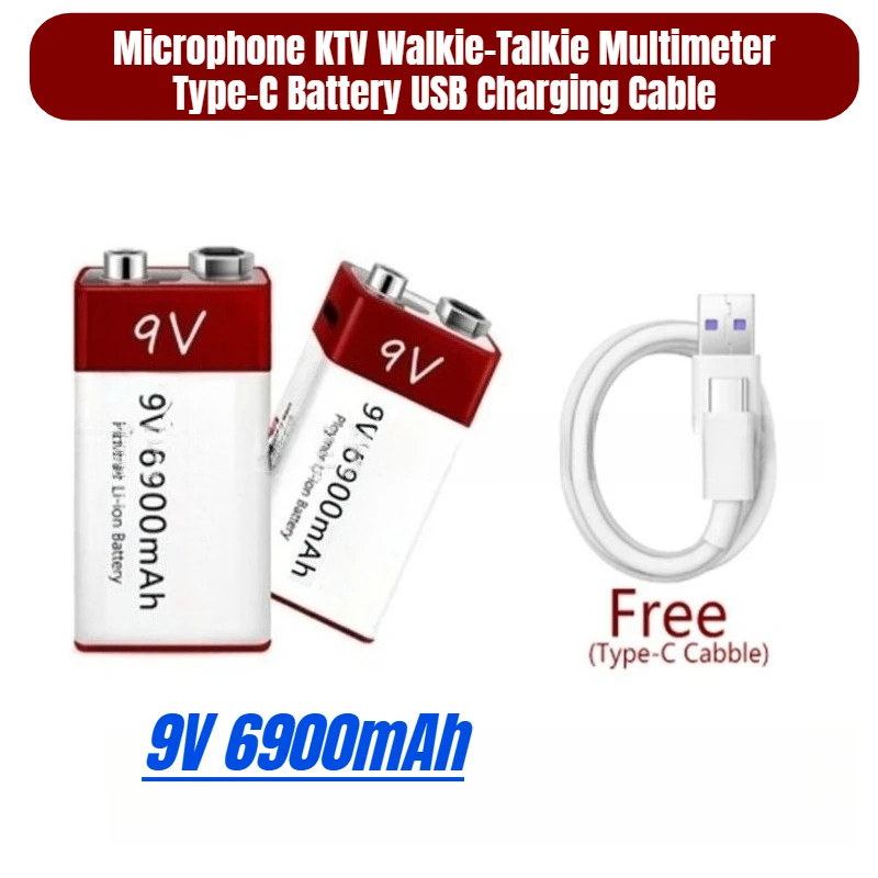

New 9V 6900mAh Microphone KTV Walkie-Talkie Multimeter Type-C Battery USB Charging Cable