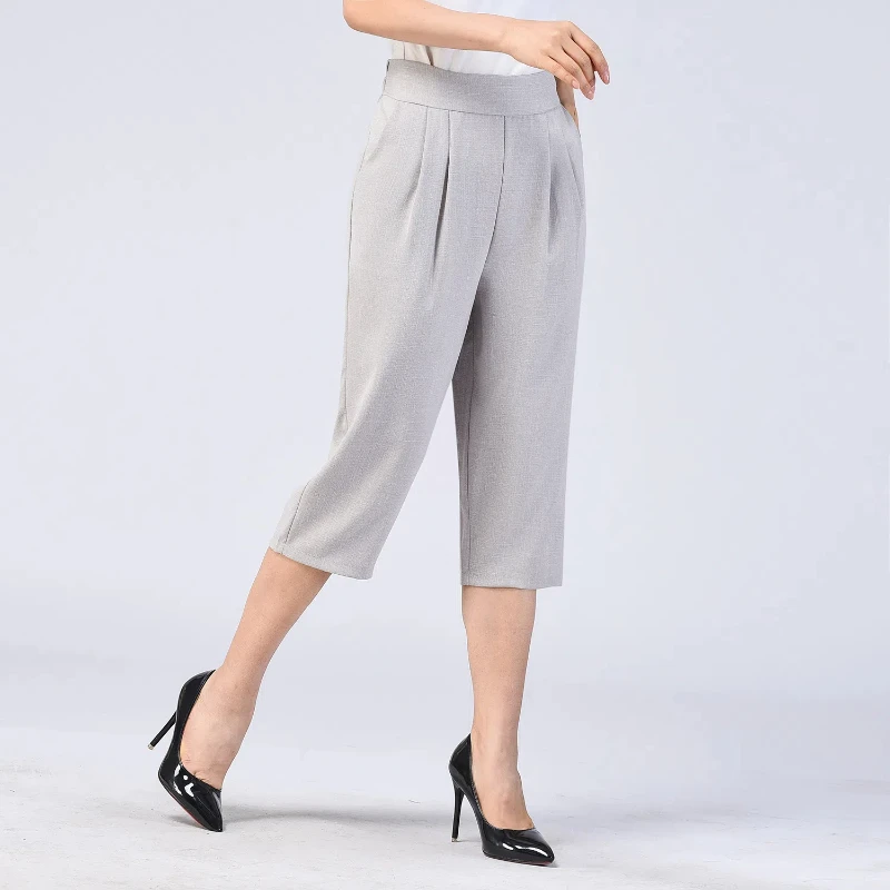 

2024 Summer Women's Leisure Fashion Elegant Commuting Cotton and Linen Elastic Waist Mom High Waist Linen Straight Cropped Pants