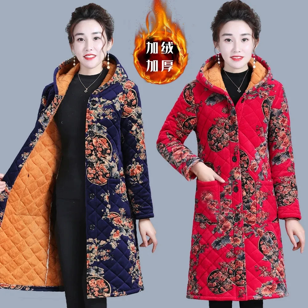 

Winter Plus Velvet Cotton Coat Women 2022 Large Size Loose Middle-aged Elderly Mother Padded Jacket Female Long Over Knee Parkas