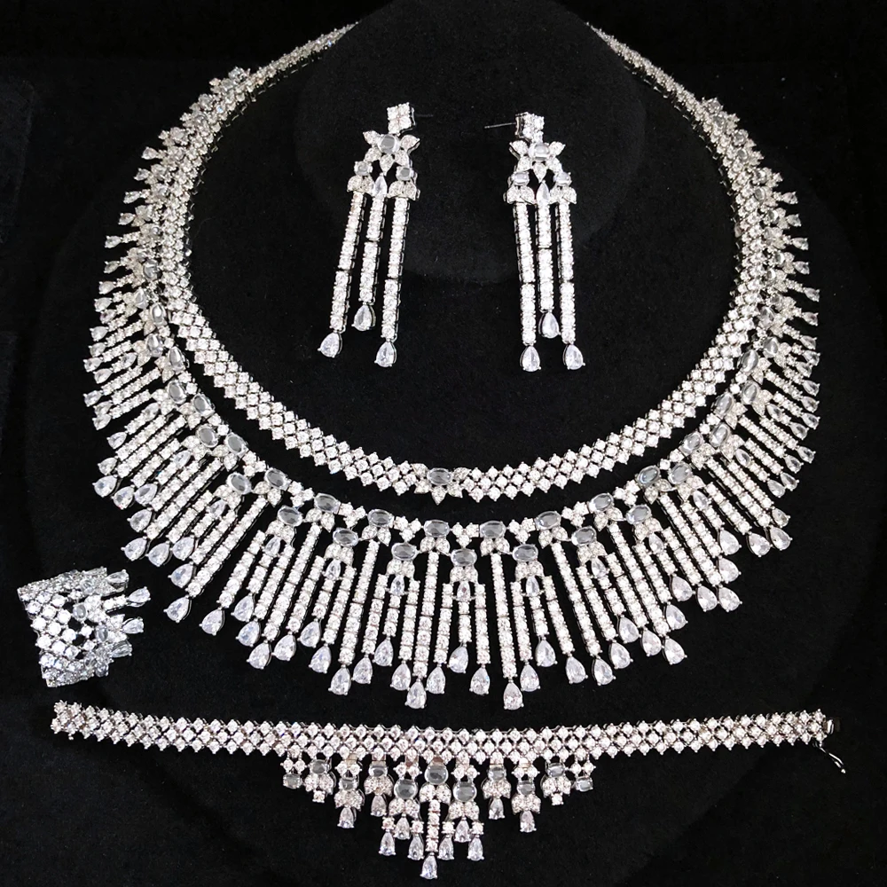 Missvikki DUBAI Big 4pcs Zirconia Necklace Earrings Bracelet Ring For Women Wedding Bridal Jewelry Sets CZ Crystal High Quality