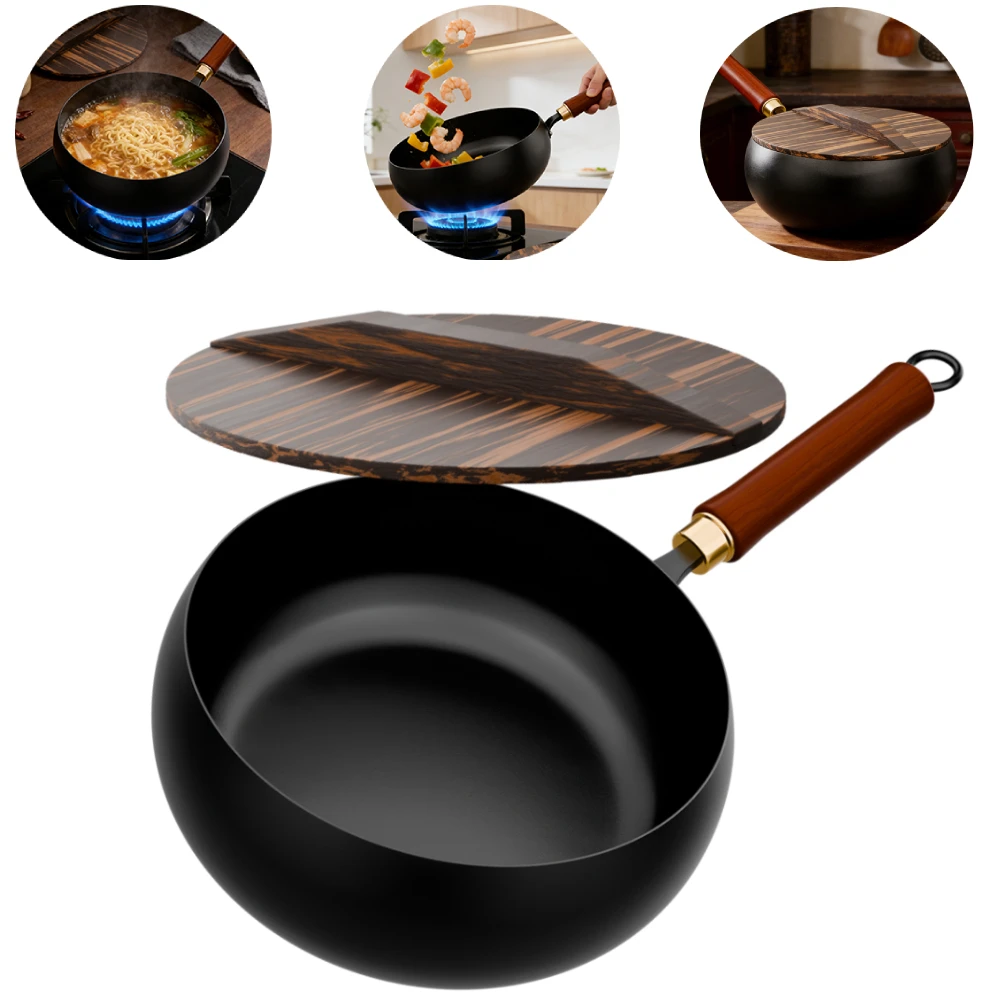 Sartén de hierro fundido con tapa de madera, sin recubrimiento, de fondo plano, 28 cm, wok de hierro para saltear, accesorios para cocina de inducción.