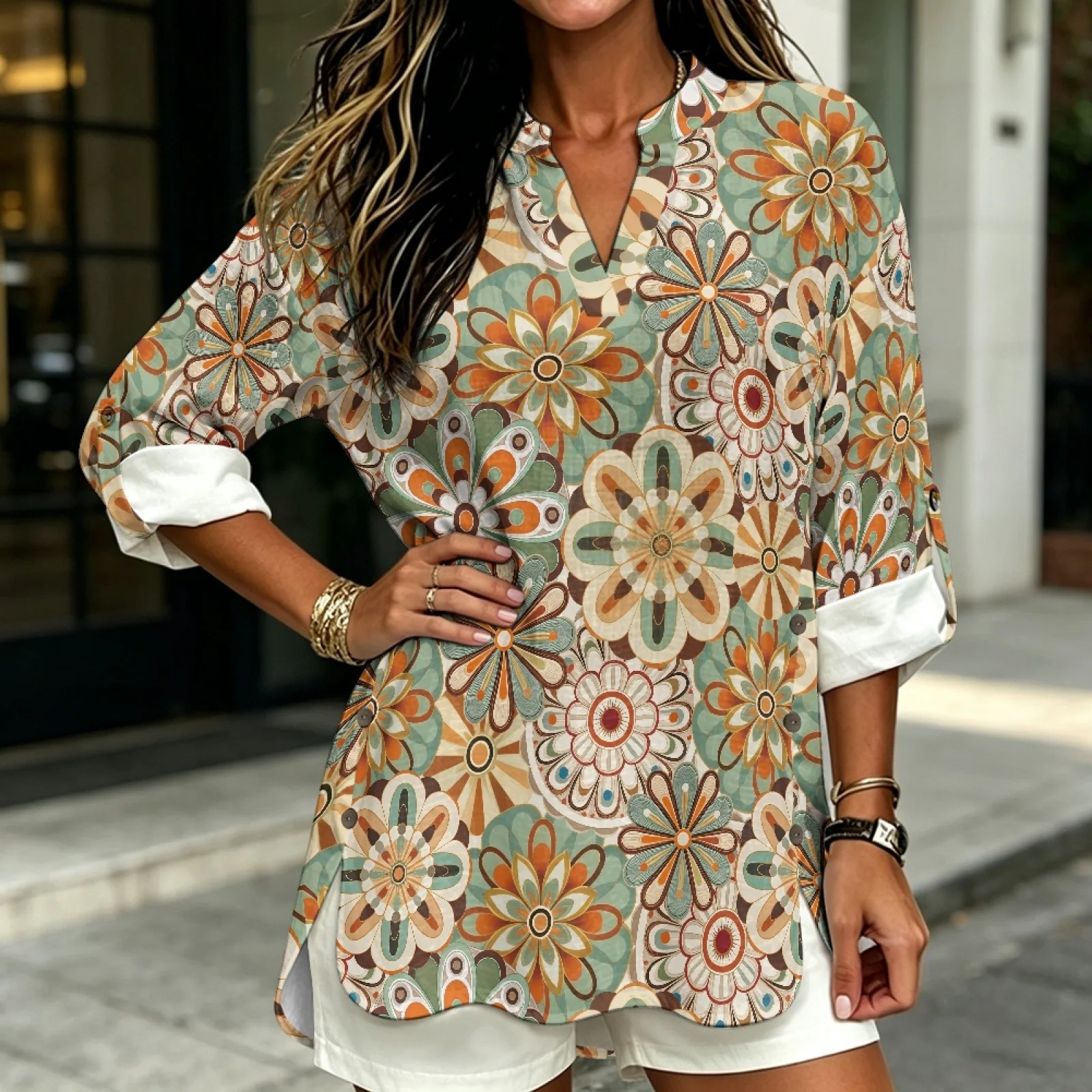 PENSTROLL Blusa de Manga Larga con Estampado Floral y Mangas Enrolladas para Mujer, Estilo Lino, Blusas de Manga Larga para Mujer, Blusas Tipo Túnica