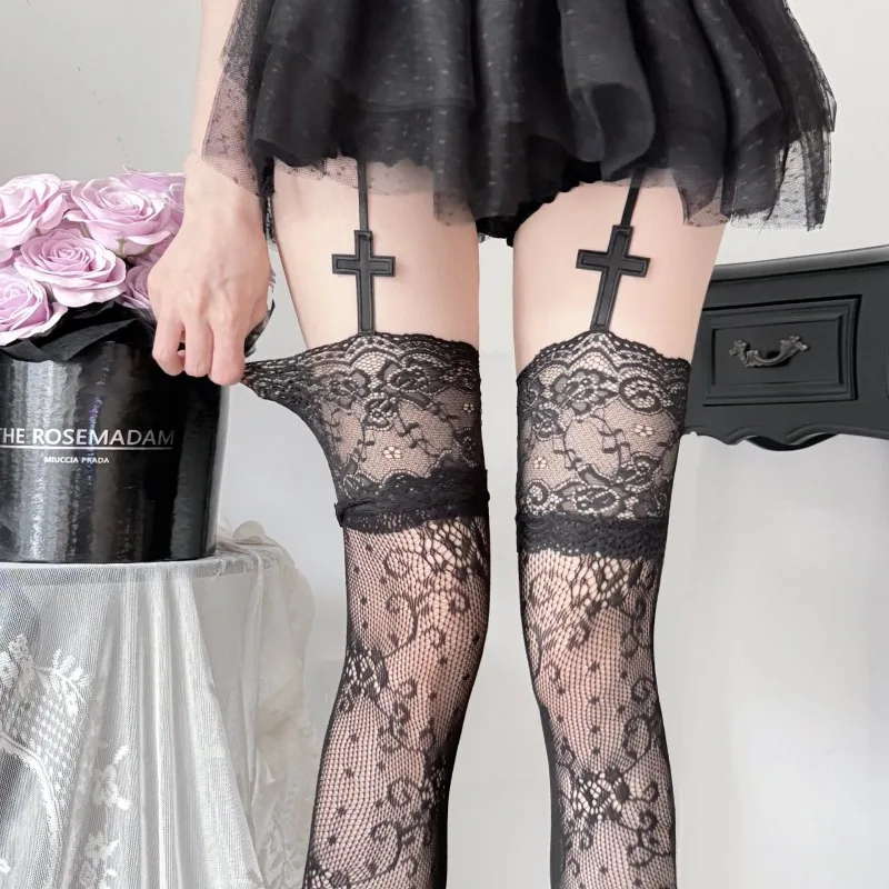 New White/Grey Thigh High Stocking Lace Patterned Garter Stockings Women Sexy Party Fishnet Cross Design Summer Thin Long Socks