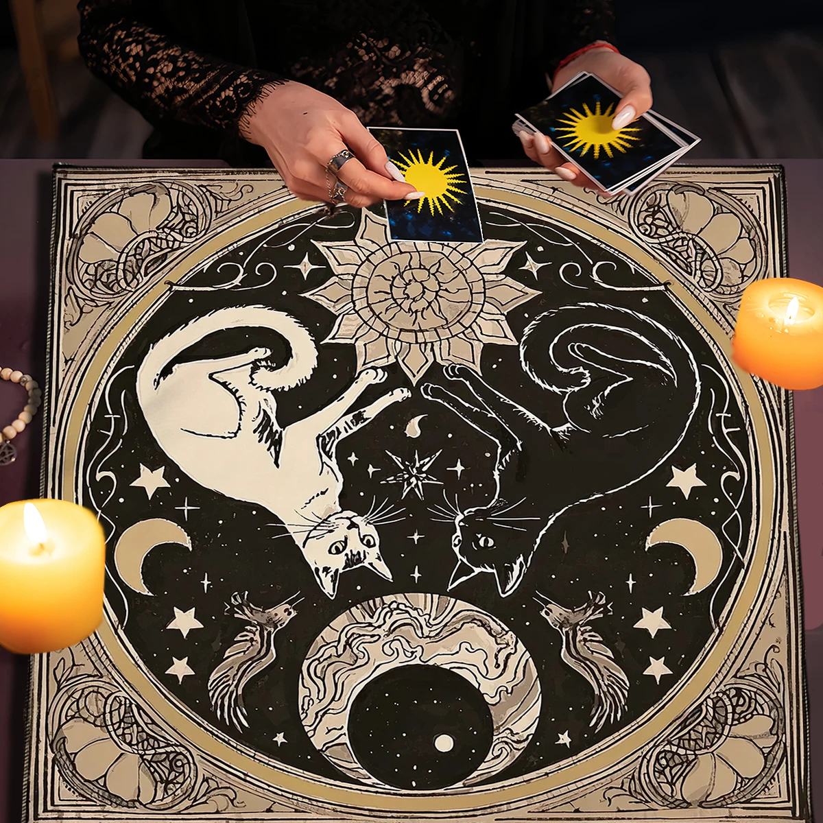 Mystical Moon Cats Altar Cloth With Floral Starry Sky Divination Tarot Table Cloth Witch Home Decor  Tarot Mat Game Card Pad