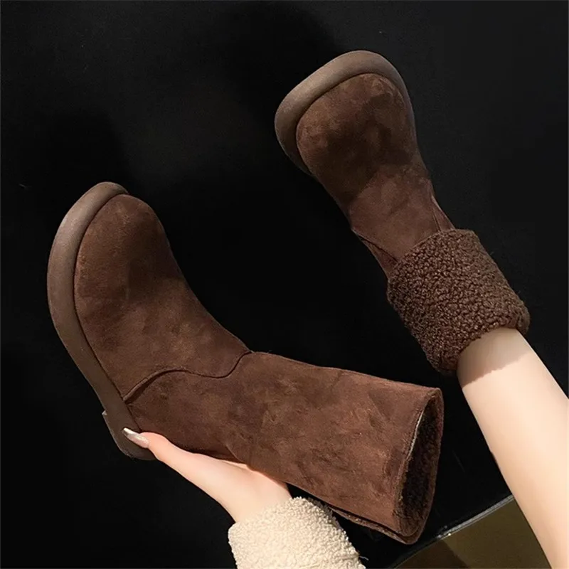 Suede Fur Flats Women Ankle Snow Boots Winter Warm Short Plush Women Shoes New 2024 Fashion Designer Chelsea Boots Femme Zapatos