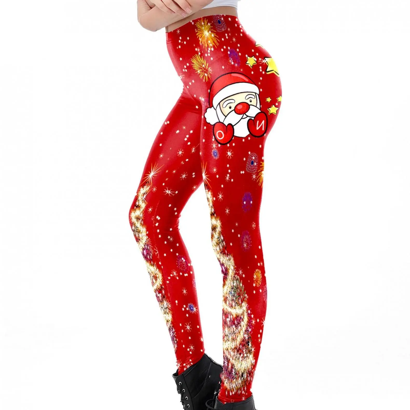 طماق نسائية مطبوعة باللون الأحمر لعيد الميلاد مصنوعة من البوليستر والألياف اللدنة المخلوطة وموسم الخريف والشتاء المرن #1