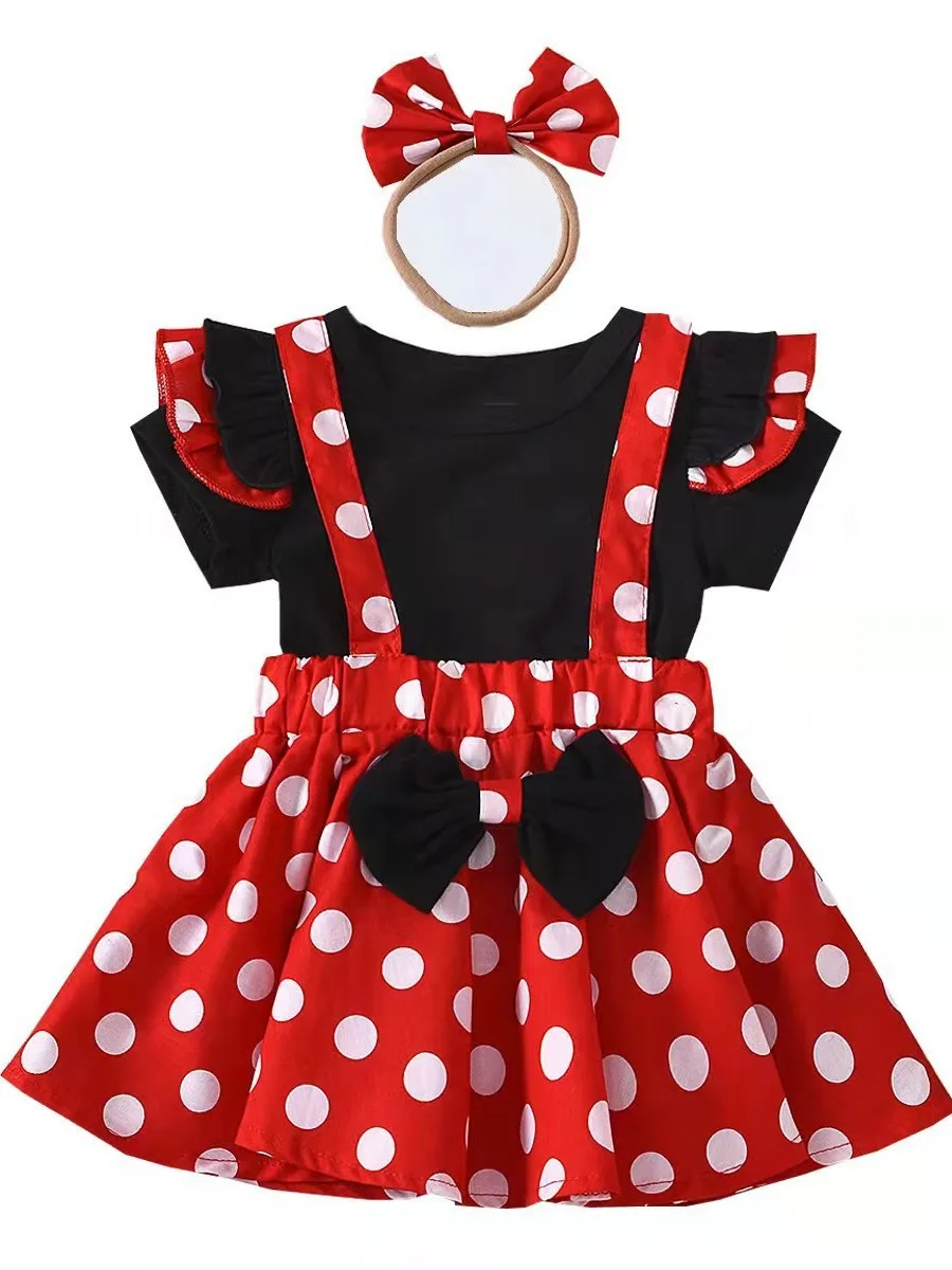 Minnie Mouse Girls Set Kids Clothes Flying Sleeve Short Sleeve Top  Polka Dot Suspender Skirt  Minnie Bow Headband skirt suit