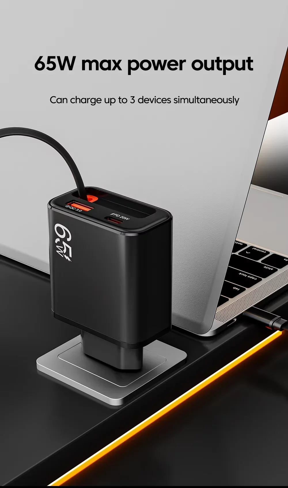 65W USB-C-Handy-Ladegerät mit einziehbarem Superschnellladekabel Typ-C für iPhone 17 16 15 Samsung POCO Xiaomi EU/US/UK-Stecker – Detail 4