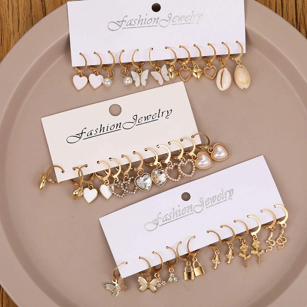 18 Pairs Of Lady Earrings Snake Butterfly Mushroom Lock Diamond-encrusted Zircon Pearl Love Earring Set