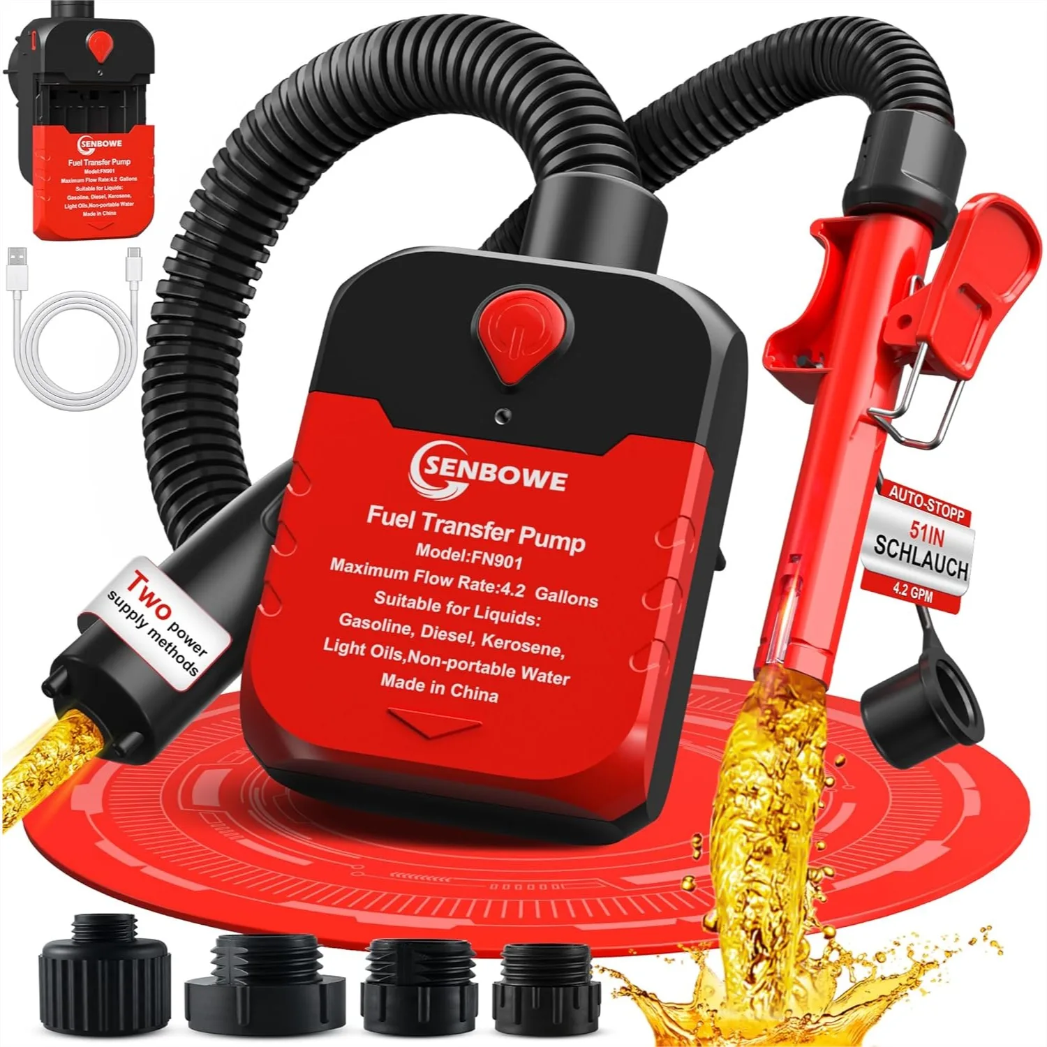 

Automatic Fuel Transfer Pump with Auto-Stop, 4.2 GPM, Battery/USB Powered, 51'' Hose & 4 Adapters for Gasoline, Diesel, Oil