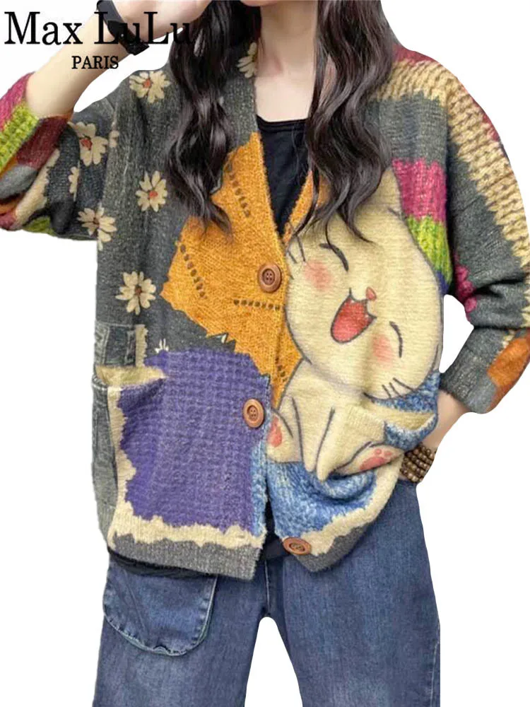 Max LuLu 2024 Winter Ladies Harajuku Style Cartoon Clothes Womens Fashion Printed Patchwork Casual Sweaters Loose Punk Cardigans