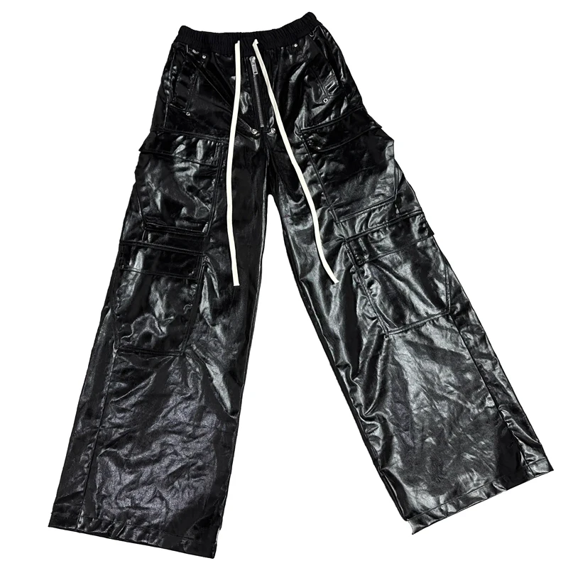 High Street Men's Casual Pants Coating Wax Surface Design Cargo Pants Techwear Full Length Pockets Pants for Men