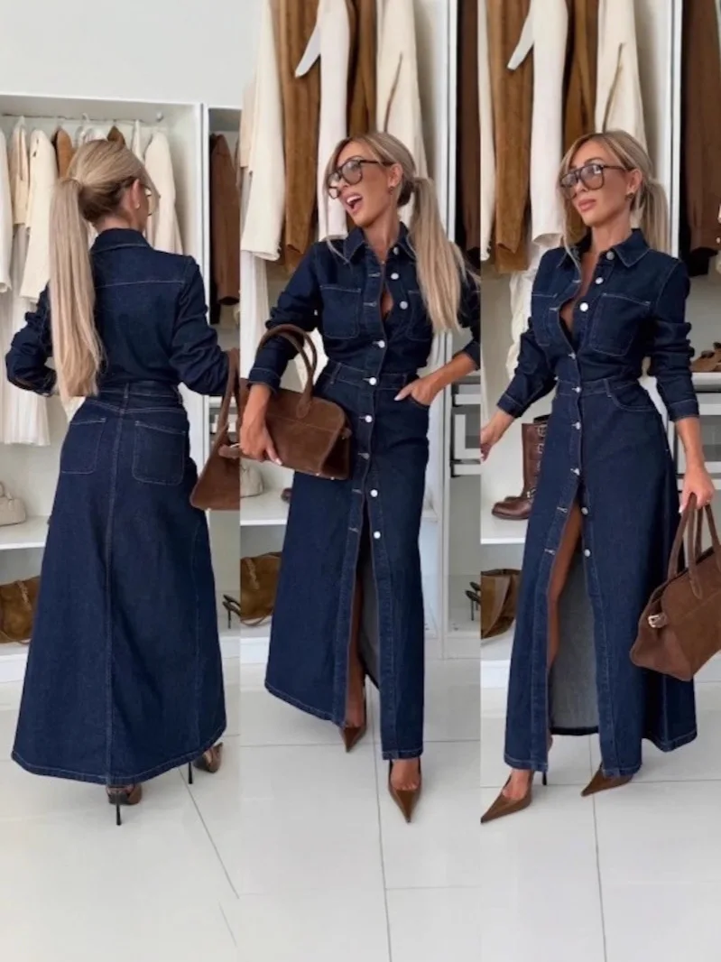 

Button Front Denim Midi Dress Long Sleeve Washed Jean Dress Chic Retro Midi Denim Frock Relaxed Vacation Collar Shirt Dress