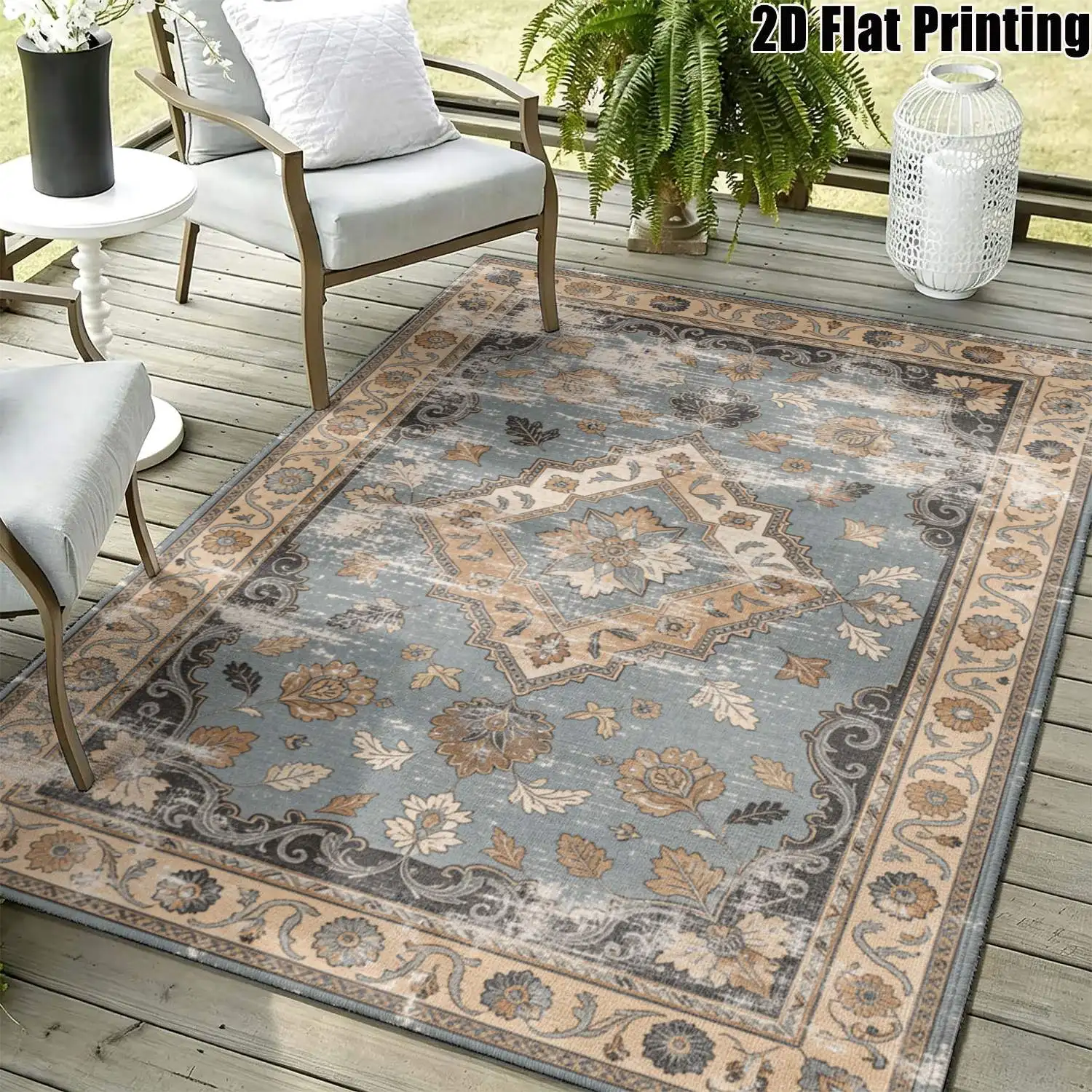 1Pc 2D Printed Blue-Gray Retro Floral Carpet European-Style Rug for Home Decor, Available in Multiple Sizes, Machine Washable, Can Be Used as an Entrance/Dining/Foyer/Bedroom/Living Room Mat.