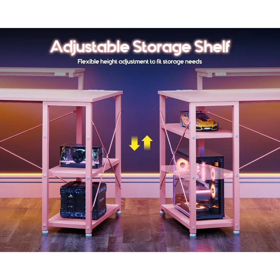 مكتب ألعاب مقاس 48 بوصة مع مخرج طاقة بمصابيح LED للتخزين المتكامل وحامل شاشة قابل للتعديل للاعبين والعمال عن بعد