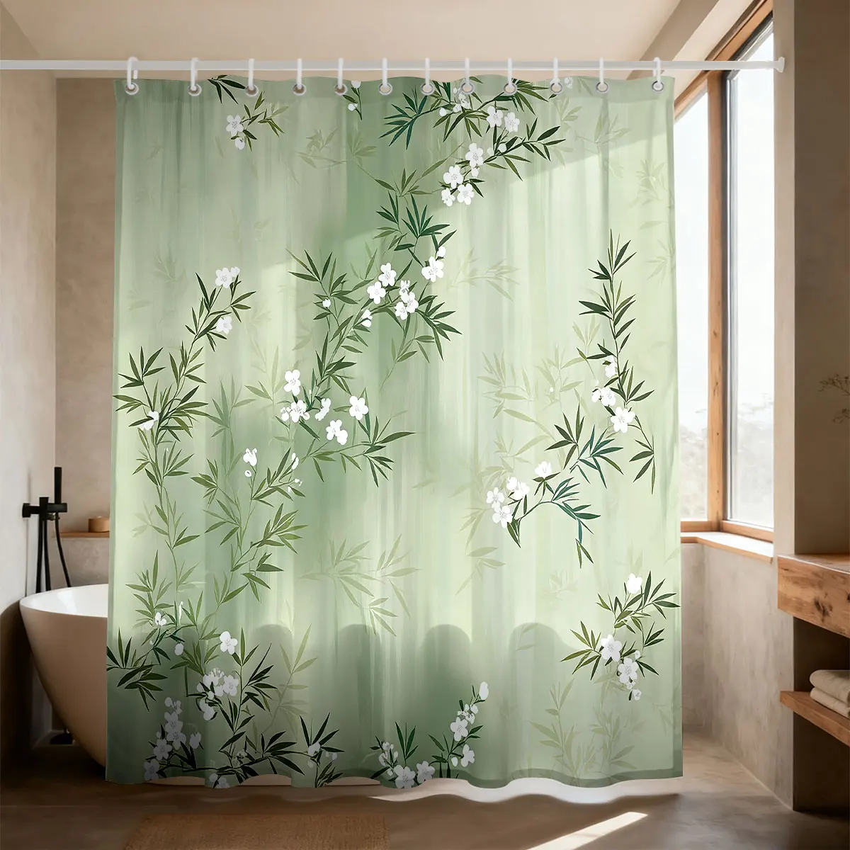1pc Abstract Geometric Patterns Print Shower Curtain 90GSM Waterproof Vintage Botanical Print Bathroom Decor with Hooks