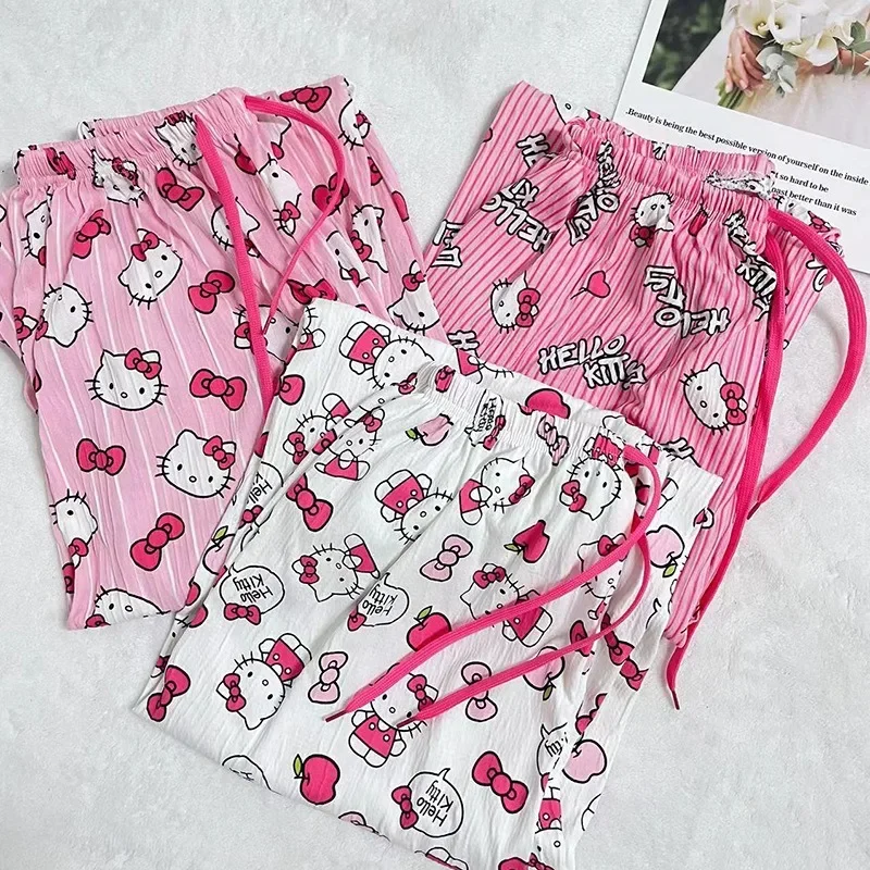 Hello Kitty Anime Kawaii MINISO Ins Pink Pajama Pants Clothing Women Cute Casual Home Pants Walking Trousers Gifts for Girls