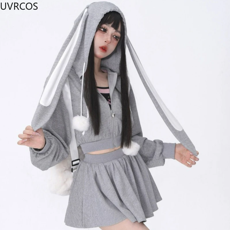 Harajuku Gothic Skirt Sets Women Rabbit Ear Hoodies Zipper Long Sleeve Jacket Coat Hooded Sweatshirts Autumn Two Piece Set 2023