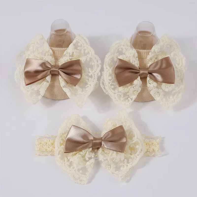 

2Pcs/Set Baby Bow Headband Socks Set Toddler Girls Lace Print Bowknot Elastic Hairband Soft Anti-slip Sock Kids Accessories