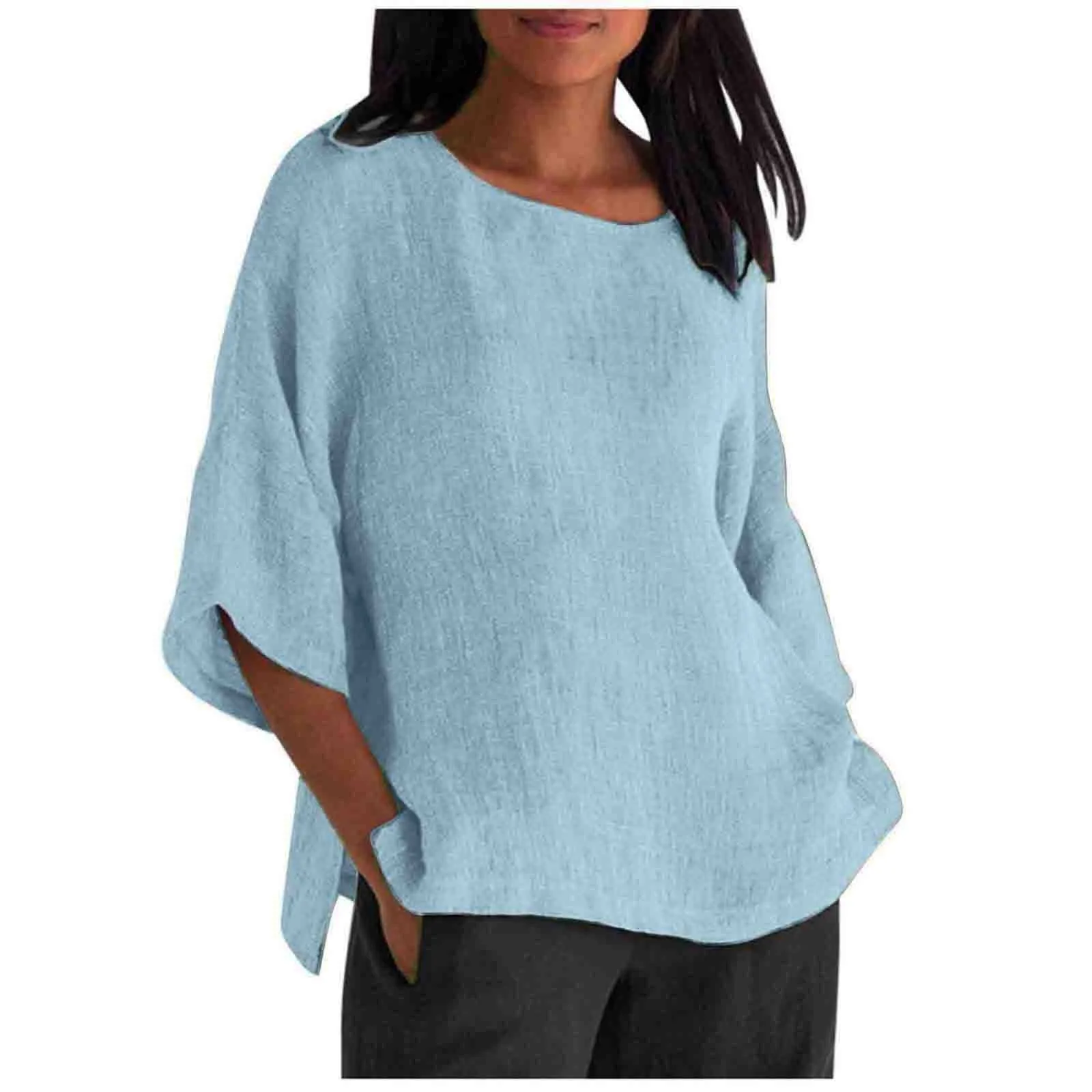 2025 New Women's Clothing Seven-quarter Sleeve Crew Neck Cotton and Linen Shirt and Top