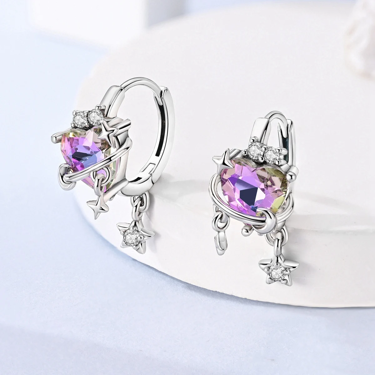925 Sterling Silver Hoop Earring For Woman Shining Love Planet Star Pink Heart Female Party Anniversary Fine Jewelry