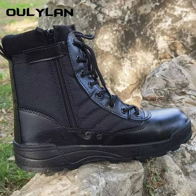 Outdoor Tactic Boots Zipper Man Climbing Shoes Desert Fight Ventilate Ankle Boots Leathering Army Green Black