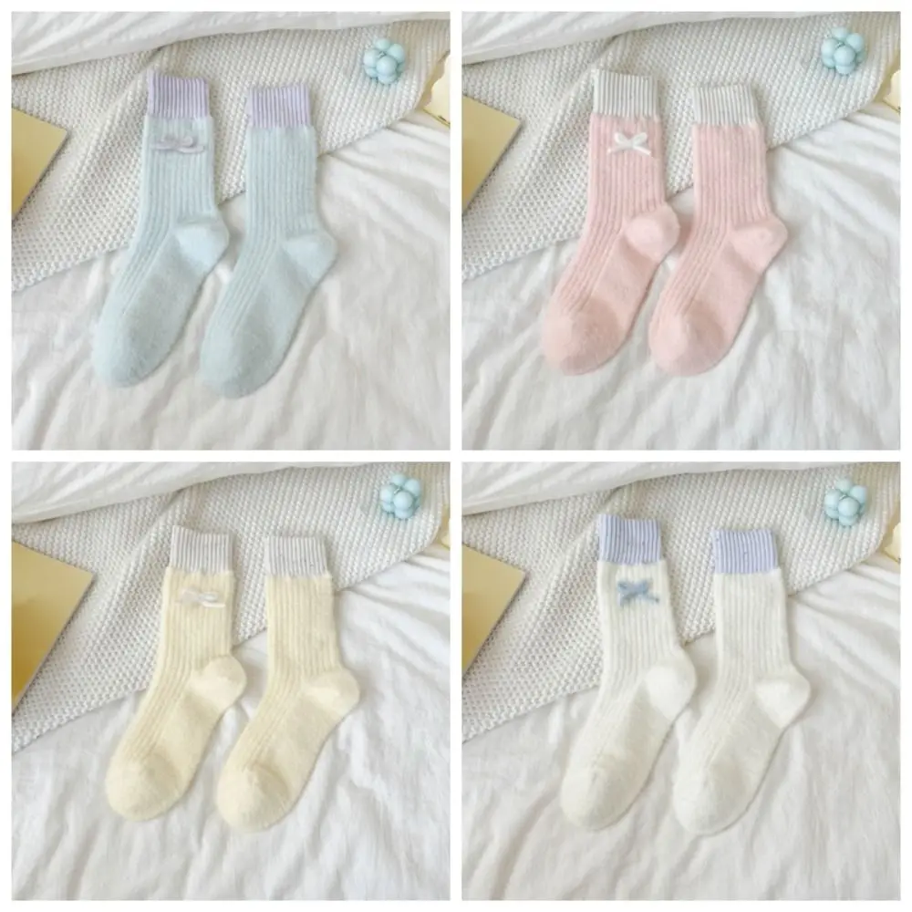 

Simple Bowknot Women's Thickened Socks Cute Comfortable Warm Home Socks Breathable Soft Plush Sleep Socks Indoor Use