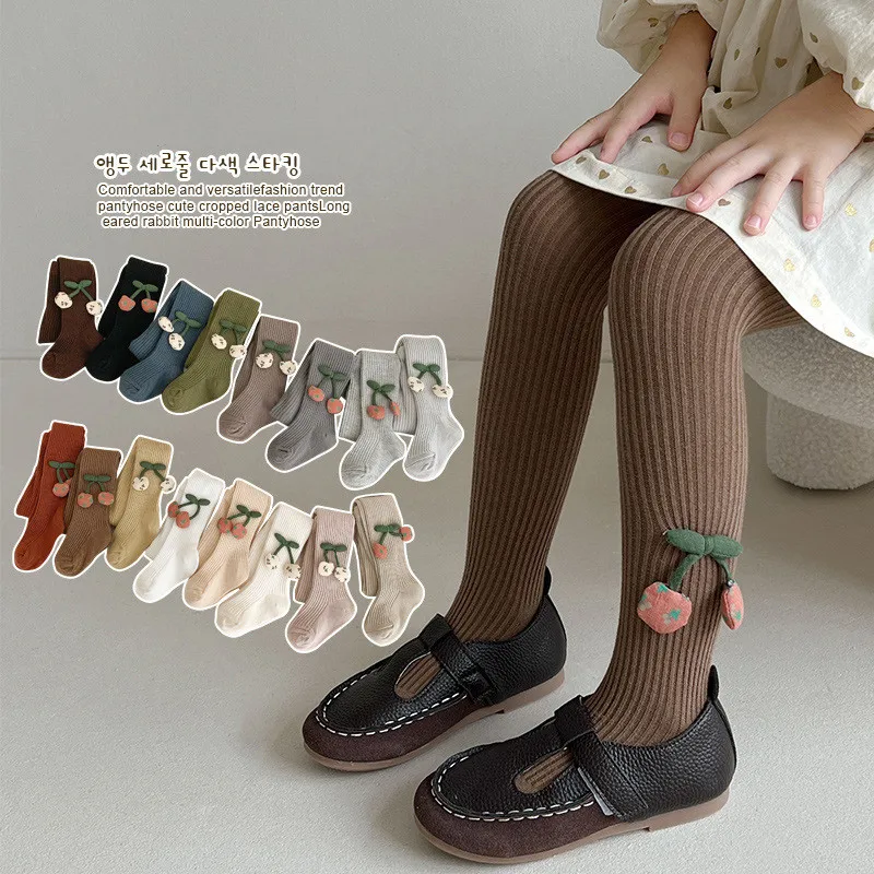 Baby Kids Spring Autumn Cotton Stockings Girls Cute Cherry Pantyhose Thickend Tights For Children Vertical Leggings