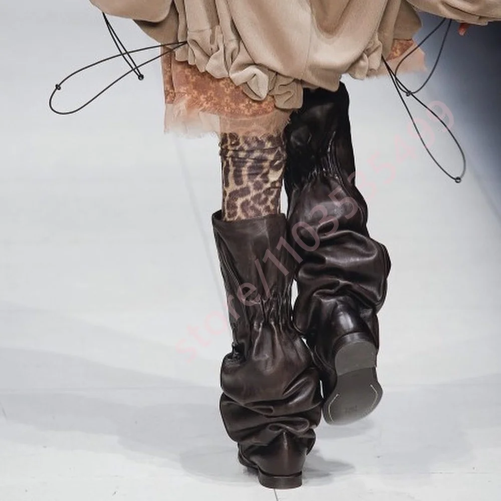 2026 Retro Leather Slouchy Knee High Boots for Women Flat Heel Side Zip Boots Fashion Casual Boots for Autumn and Winter Wear